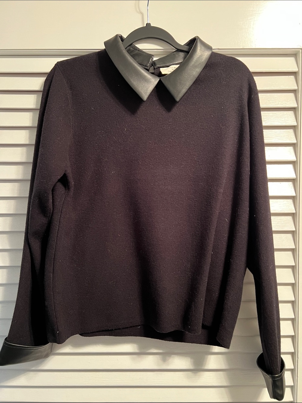 Faux Leather Trim Black Crewneck Sweater